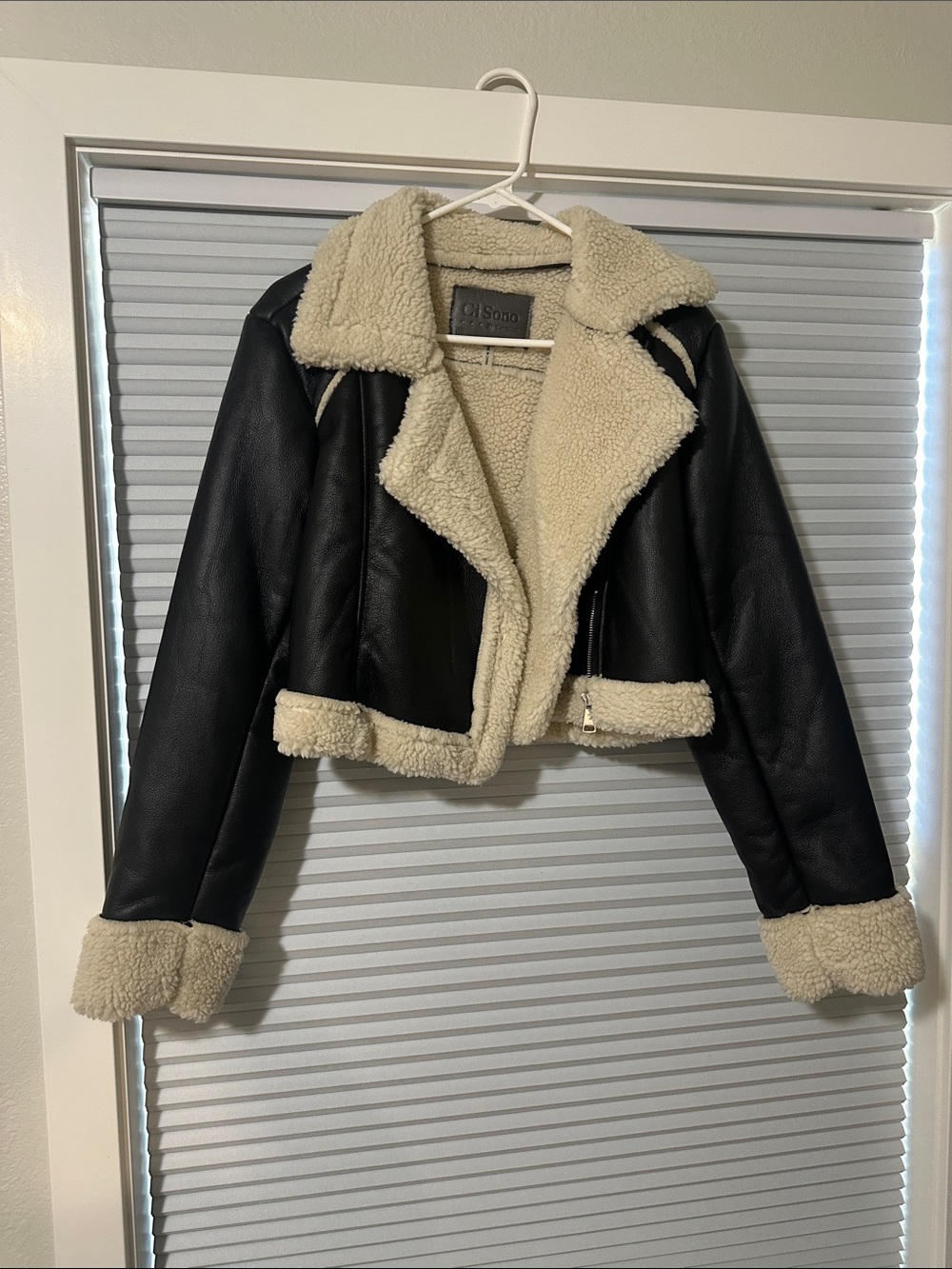 Faux Leather Sherpa Cropped Jacket - Black/Cream
